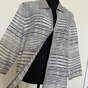 Lafayette 148 New York Gray Shimmer Stripe Open Open Jacket Lightweight sz M